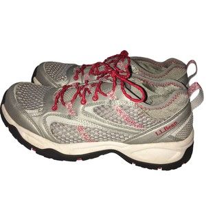 LL Bean Mesh Trail Hiking Sneakers Grey Silver Red Women Sz 8 Comfort Athletic